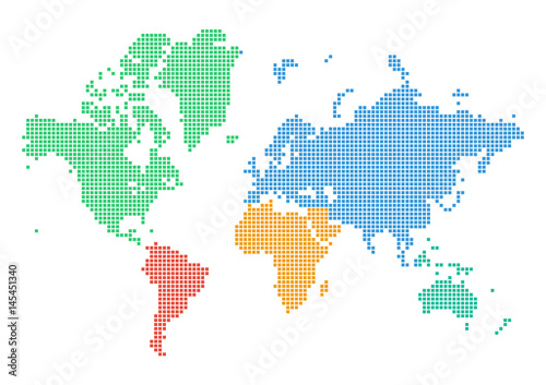 Colourful dotted world map of continents