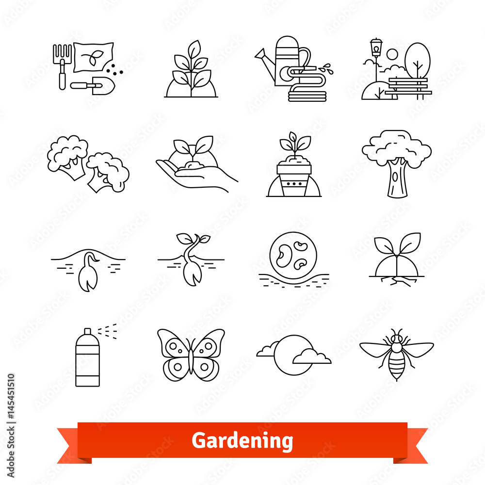 Gardening and horticulture. Thin line icons set