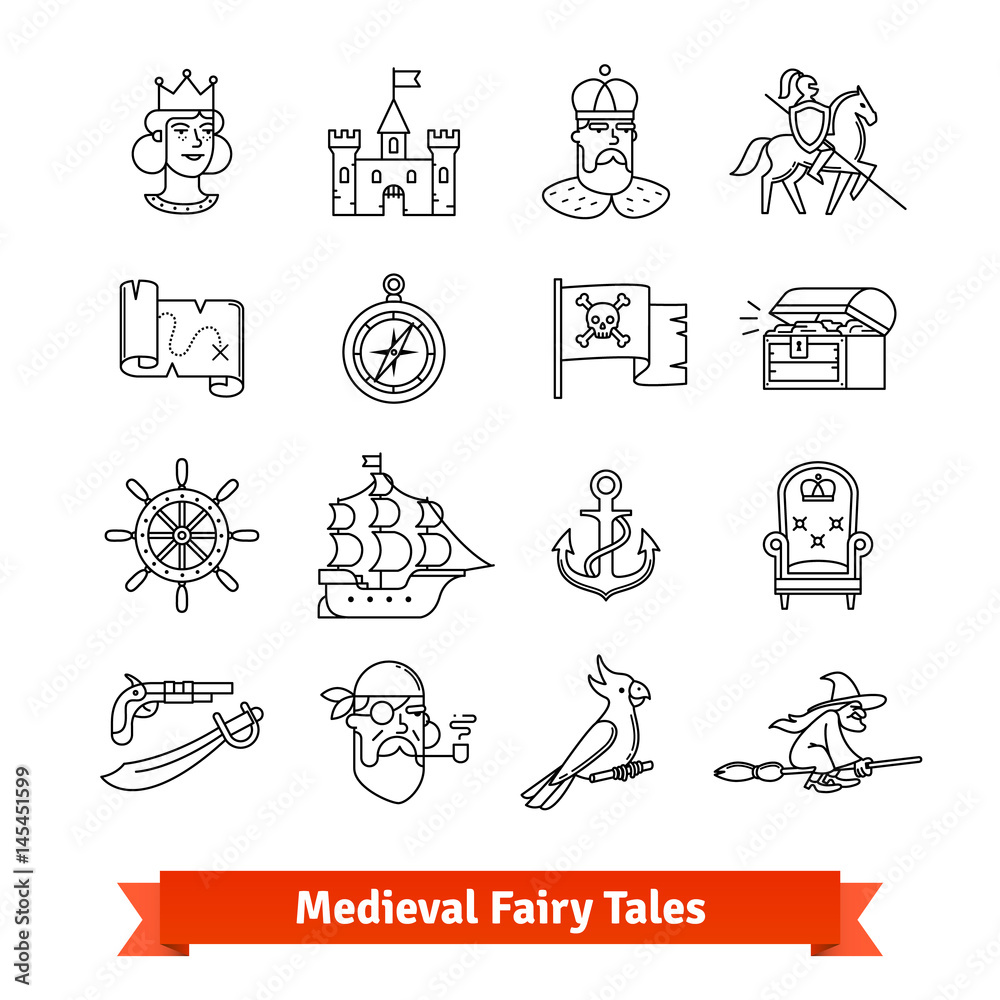 Medieval fairy tales. Thin line art icons set Medieval fairy tales. Thin line art icons set
