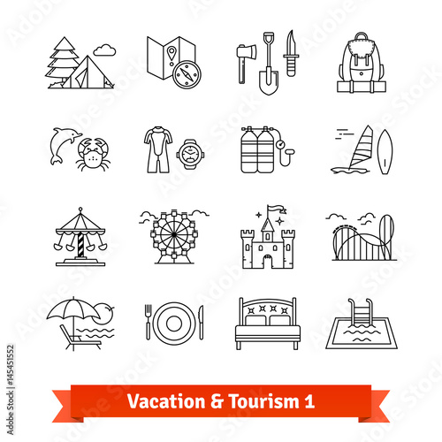 Tourism and vacation recovery. Thin line icons set