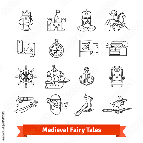 Medieval fairy tales. Thin line art icons set