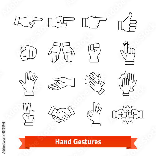 Hand gestures thin line art icons set