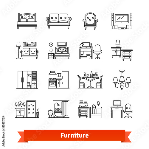 Furniture and home decor. Thin line art icons set