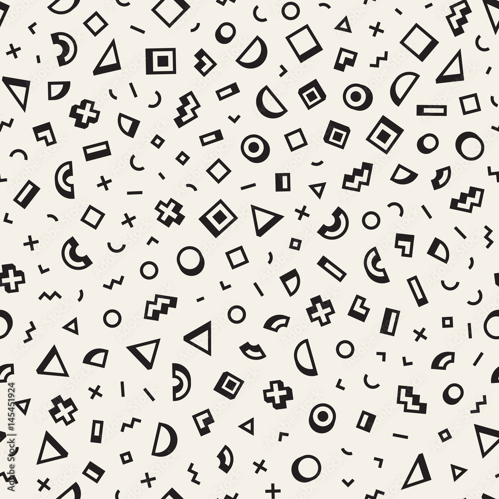 Scattered Geometric Shapes. Inspired by Memphis Style. Abstract Background Design. Vector Seamless Black and White Irregular Pattern. Scattered Geometric Shapes. Inspired by Memphis Style. Abstract Background Design. Vector Seamless Black and White Irregular Pattern.