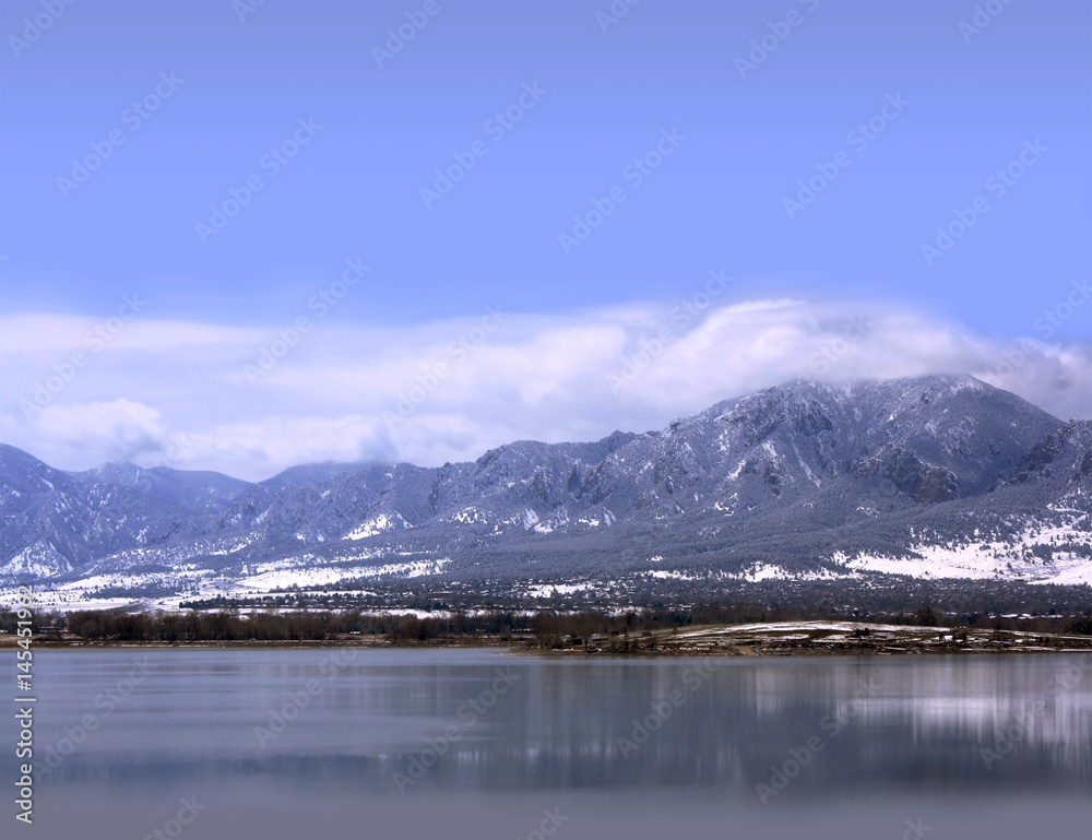 Panoramic Winter Lakeside Mountain with Snow