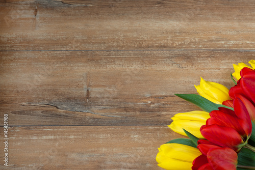 Yellow and red tulips on brown wooden board. Background, pattern, texture.