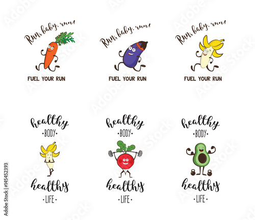 Set of fruits and vegetables doing sport -avocado, carrot, banana, eggplant, broccoli, cartoon vector illustration isolated on white background. Cute and focused fruit and vegetable characters