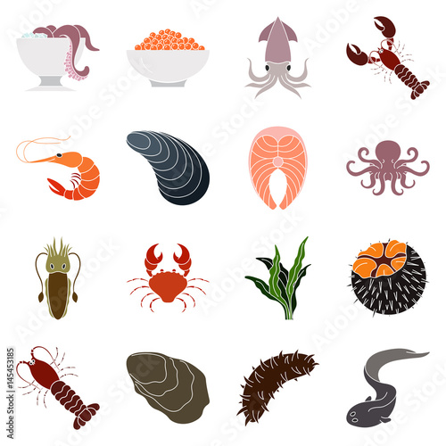 Collection of colorful seafood icons