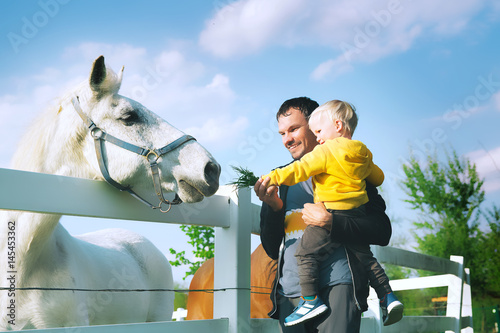 Father and son are feed a horse at countryside.