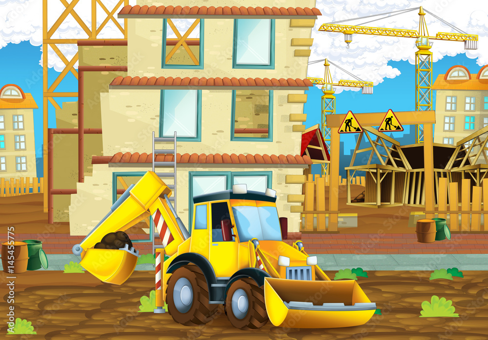 cartoon scene of a construction site with heavy excavator - illustration for children