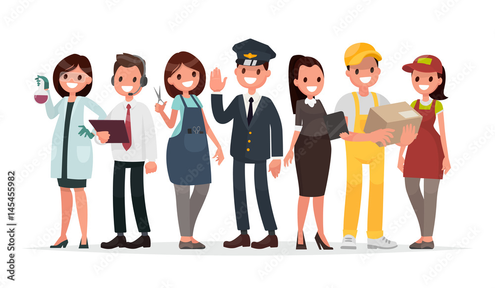 People of different professions on a white background. The laboratory assistant, the operator, the hairdresser, the driver, the teacher