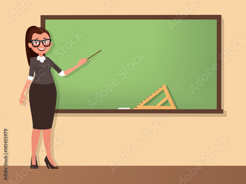 Young woman teacher stands at a blackboard with a pointer. Template for the school timetable and other information