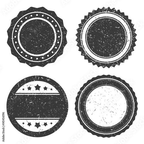 Four different grunge badge template, black scratched circle stamp old styled.