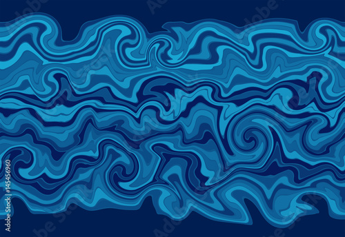 Abstract ink marbled background, repeating blue wavy border

