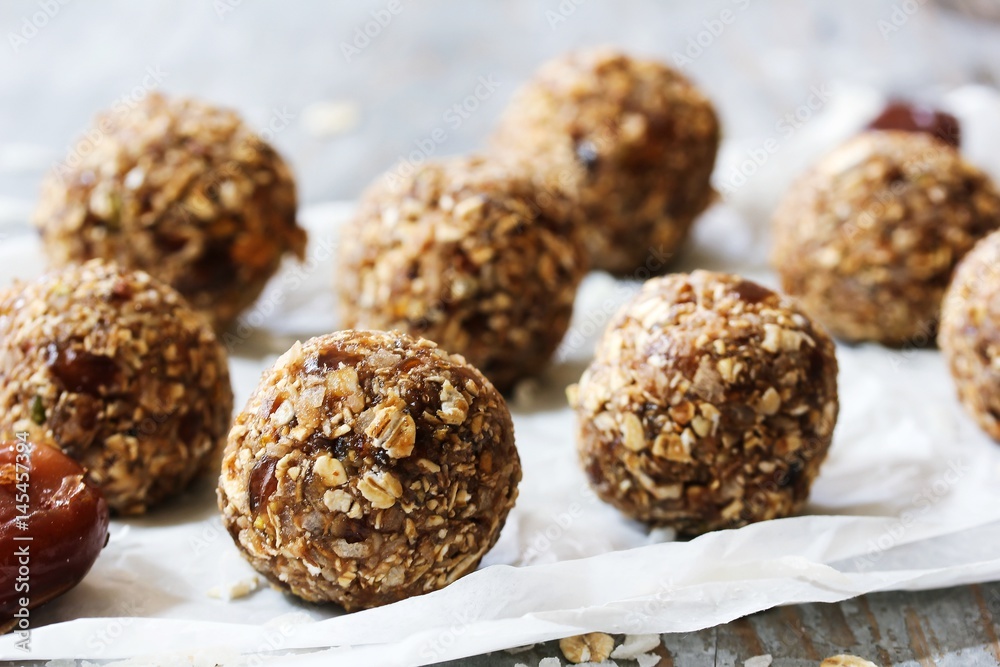 Dates oatmeal balls / No cook energy bites, selective focus Dates oatmeal balls / No cook energy bites, selective focus