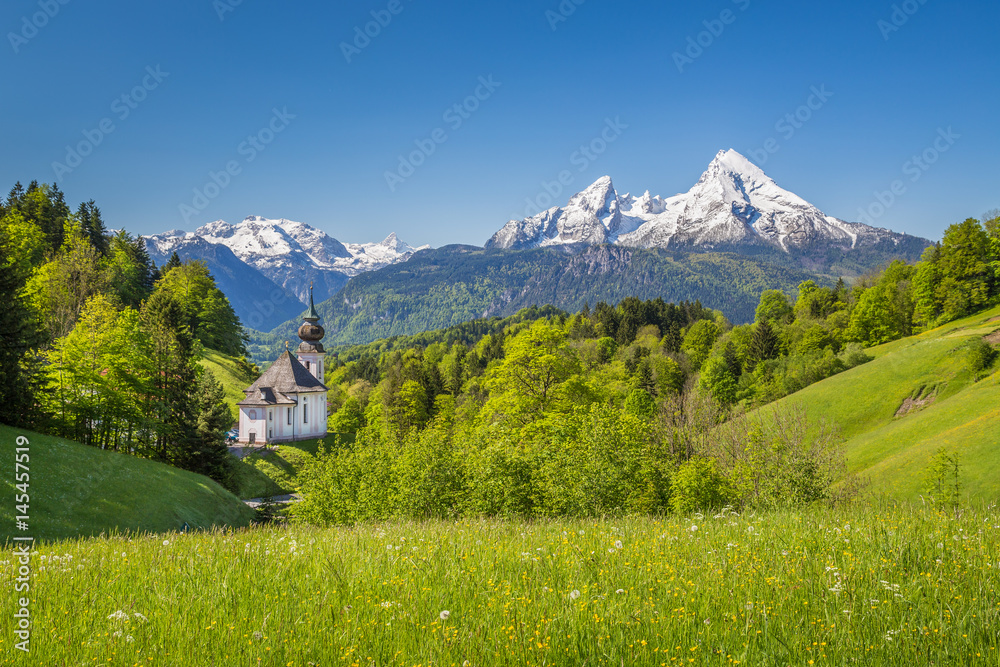 Church of Maria Gern with Watzmann mountain in springtime, Berchtesgadener Land, Bavaria, Germany