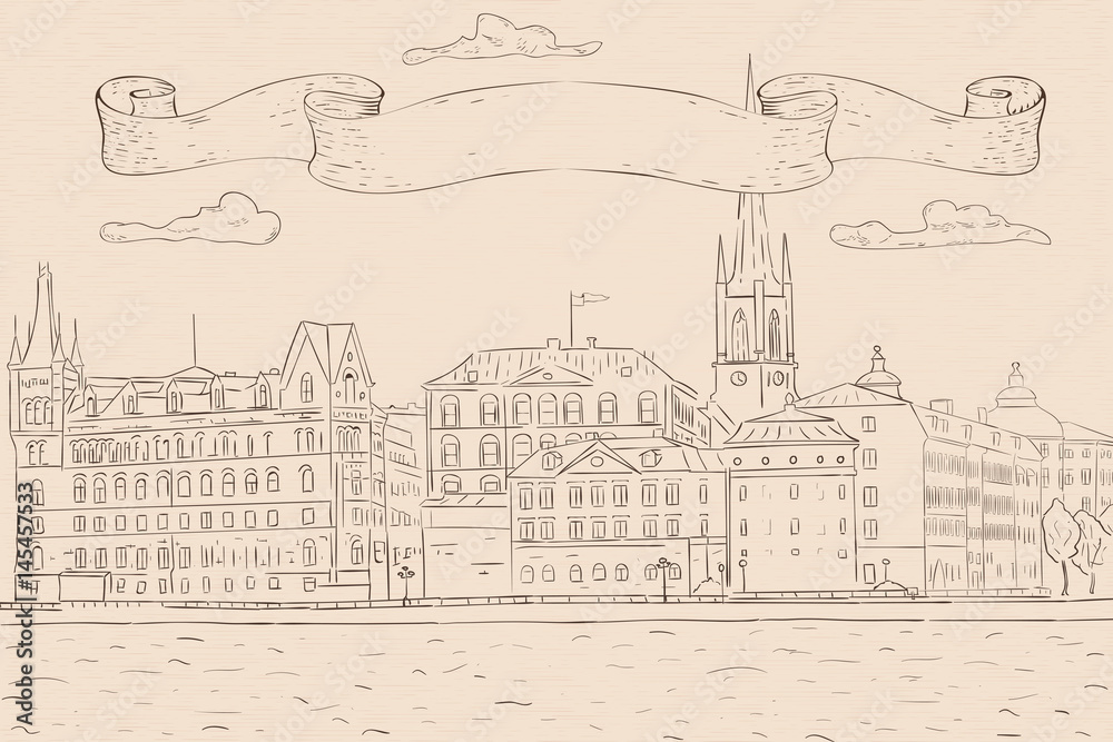 Old city of Stockholm, lake view. Hand drawn sketch. Outline drawing on beige background