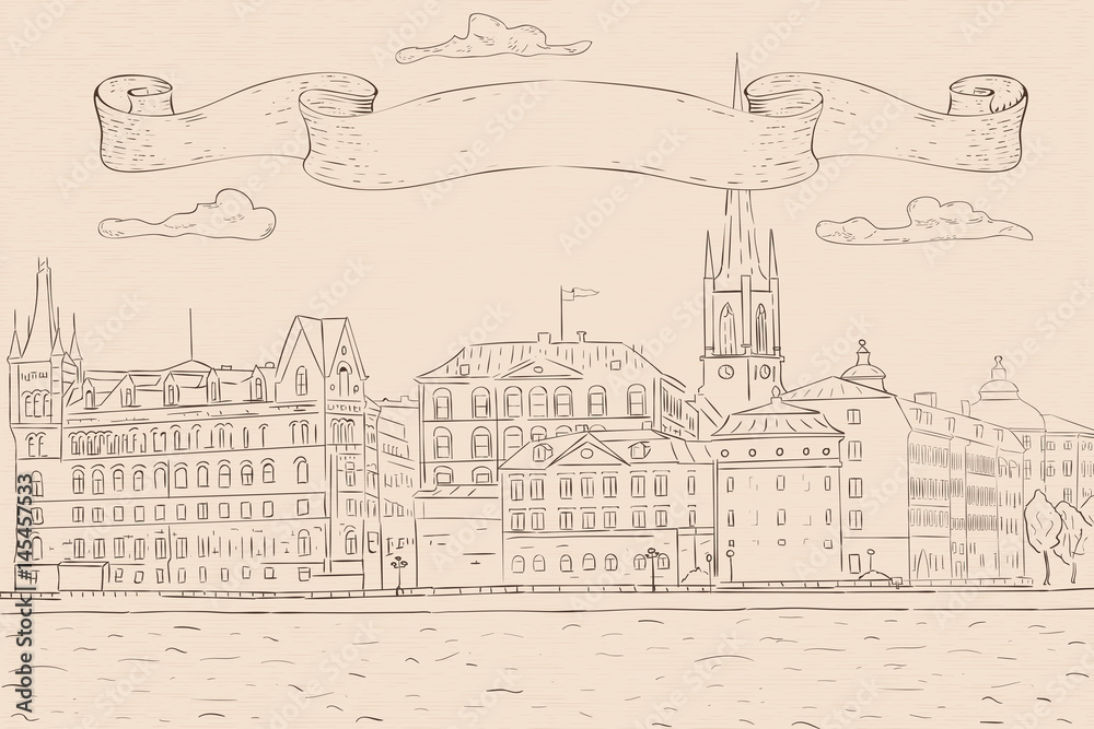 Old city of Stockholm, lake view. Hand drawn sketch. Outline drawing on beige background Old city of Stockholm, lake view. Hand drawn sketch. Outline drawing on beige background