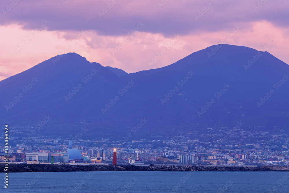 Naples Lighthouse and Vesuvius at sunset