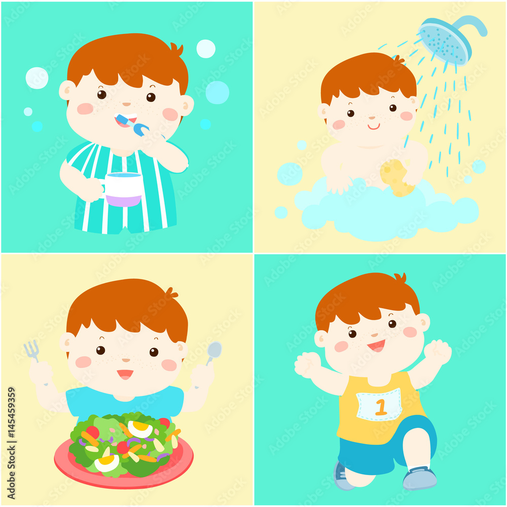 Daily healthy routine for boy cartoon vector Daily healthy routine for boy cartoon vector