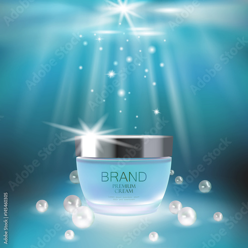 Aqua skin care creme cosmetic ad promoting poster template. Underwater deep sea blue sunlight ray pearls silver vector promo illustration 3d realistic background