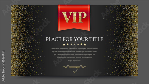 VIP or luxury red flag on black gradient backdrop with golden, shiny, glitter dust. Metallic pattern. Horizontal picture frame. Template for advertisement, VIP or luxury card, selling banner, cover.
