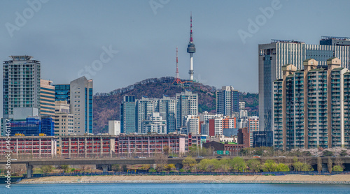 Seoul Tower and city skyline with the Han River
