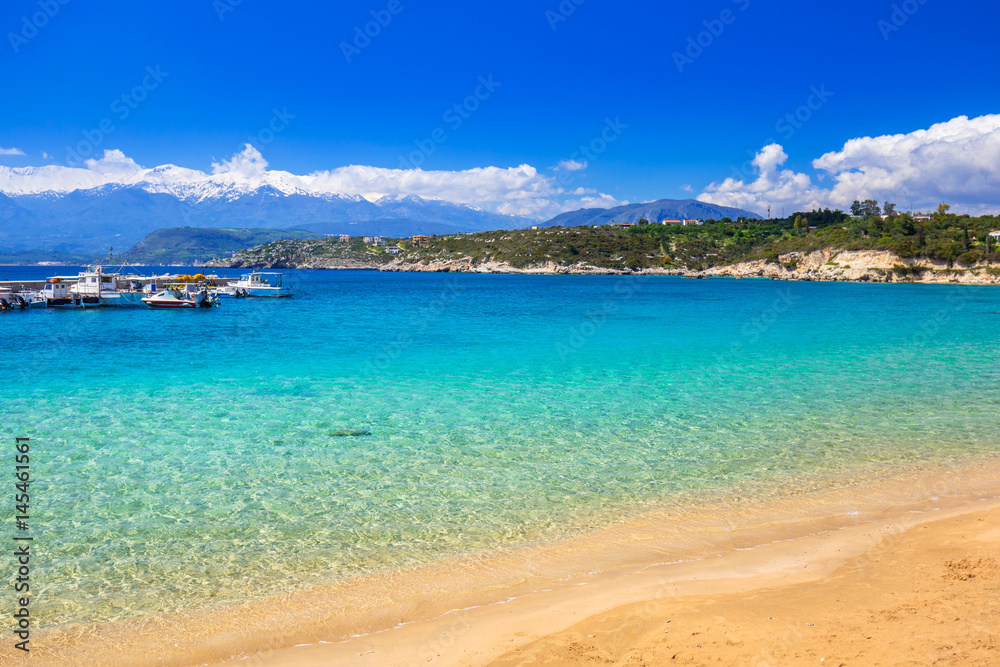 Beach at Marathi bay and the White Mountains on Crete, Greece