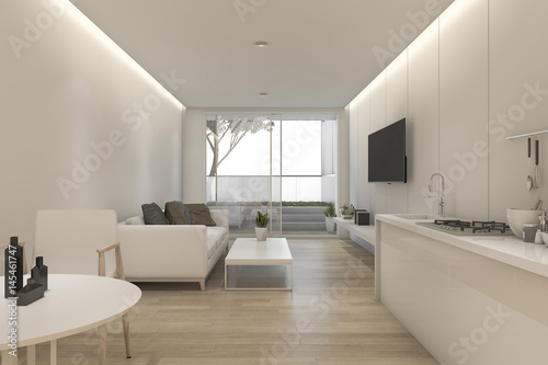 3d rendering minimal white living room and kitchen with decor