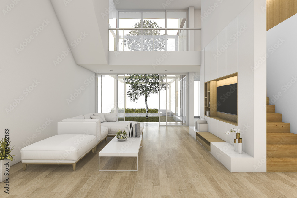 Fototapeta premium 3d rendering white wood living room near stair and outdoor