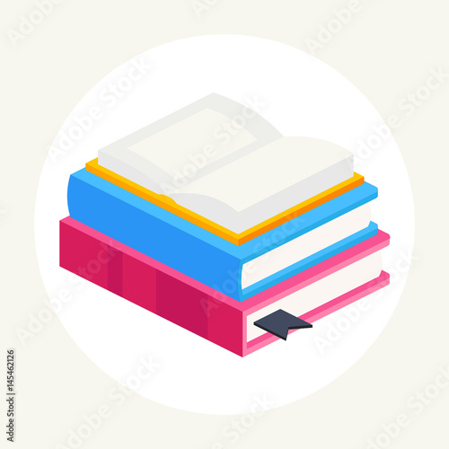 isometric vector illustration of stack of colorful books, an open book lying on a stack of two books. vector illustration of isolated layers on a white background