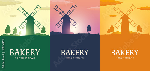 Poster Rural landscape with windmill. Sunrise. Bakery. Fresh bread. Vector illustration.