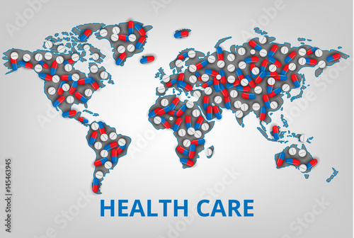 Vector illustration.World health care organization. Map with a lot of pills and vitamins. Medicine concept for business and clinics