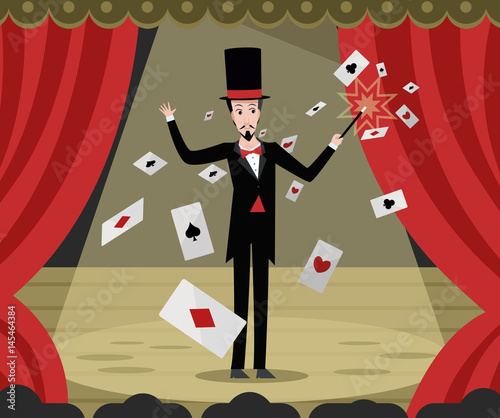 cards magic trick magician on theater stage