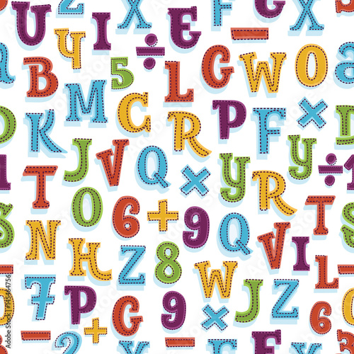 Vector seamless alphabet background pattern in bright vintage colors. Suitable for posters and prints  wallpaper  textiles  scrap-booking  gift wrap and packaging. See my portfolio for JPEG version.