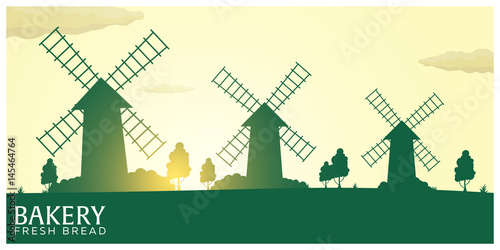 Poster Rural landscape with windmill. Sunrise. Bakery. Fresh bread. Vector illustration.