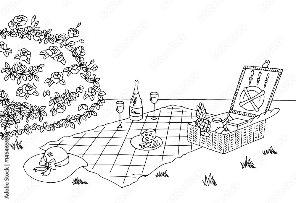 Vetor de Picnic graphic black white sketch illustration vector do Stock