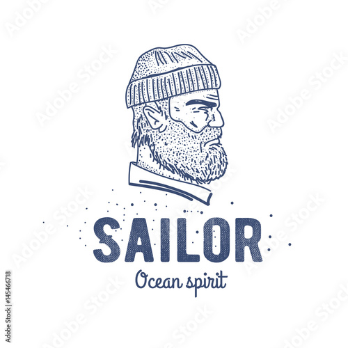 Old sailor logo or label. Seaman with a beard. Hand drawn illustration. Hipster logotype. Profile view. Vintage design.