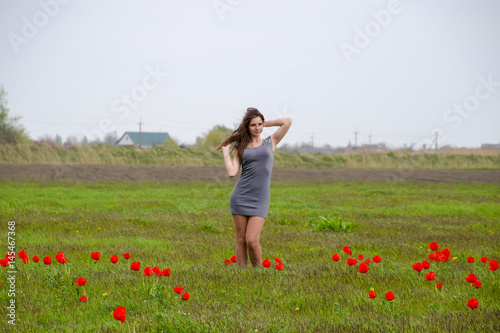 Fototapeta Naklejka Na Ścianę i Meble -  Beautiful fairy young girl in a field among the flowers of tulips. Portrait of a girl on a background of red flowers and a green field. Field of tulips