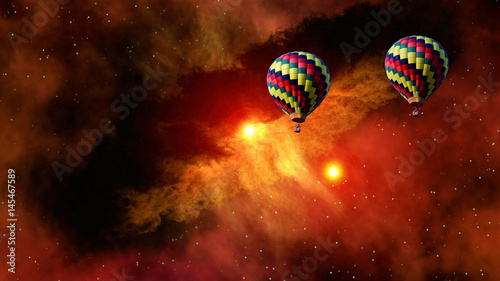 Hot air balloon outer space star planet fairy tale stunning surreal fantasy landscape. Elements of this image furnished by NASA.