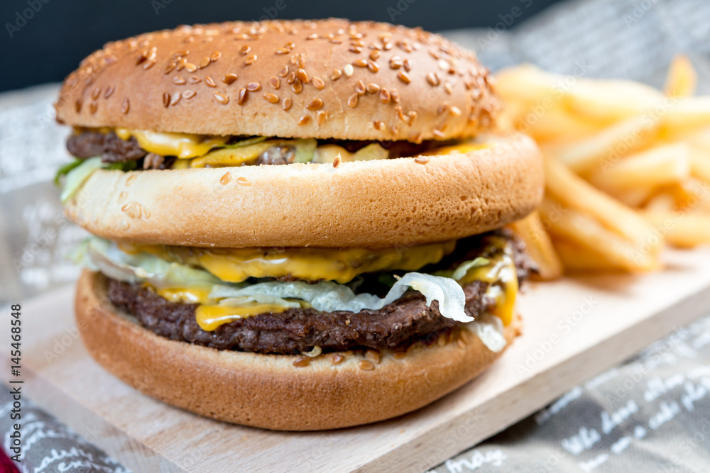 Cheese burger - American cheese burger with Golden French fries