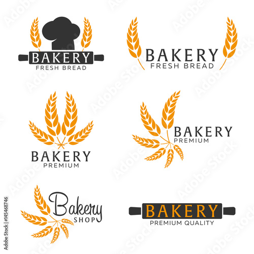 Set of Bakery shop emblem, labels, logo and design elements. Bread and wheat. Vector illustration.
