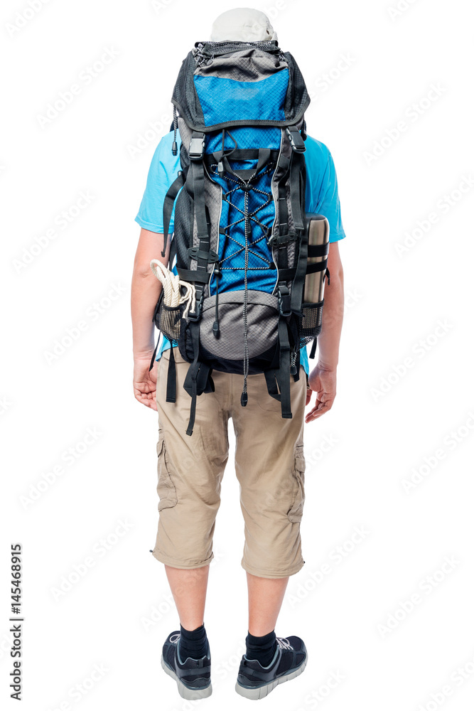 Tourist with a large backpack view from behind on a white background Tourist with a large backpack view from behind on a white background