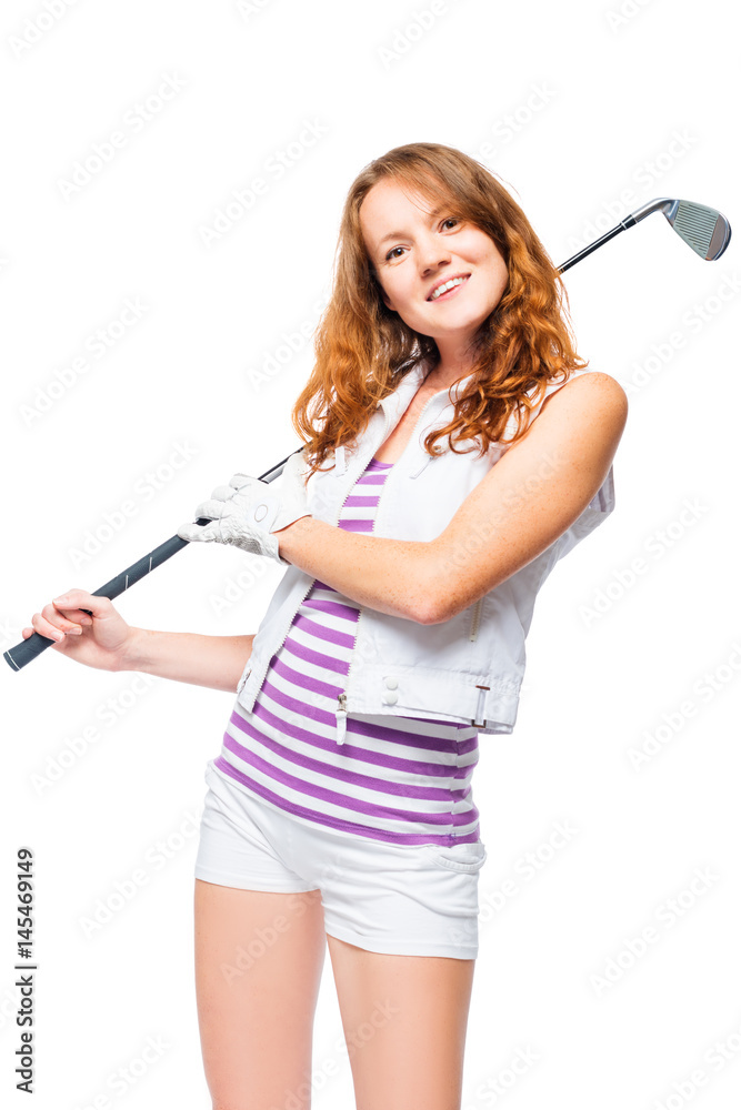 Smiling sportswoman with golf club on white background isolated Smiling sportswoman with golf club on white background isolated