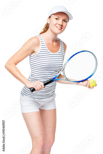 Happy tennis player in shorts and striped T-shirt on white background © kosmos111