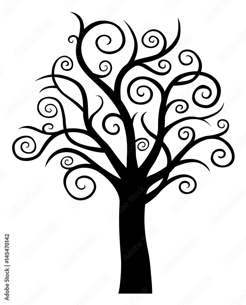 Black vector decorative silhouette of tree with swirly branches isolated on white background Black vector decorative silhouette of tree with swirly branches isolated on white background