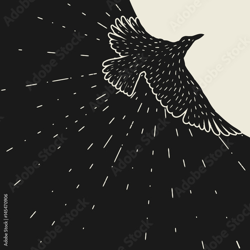 Background with black flying raven. Hand drawn inky bird