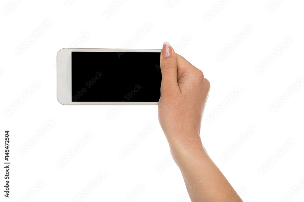 Female hand hold blank mobile phone screen Female hand hold blank mobile phone screen