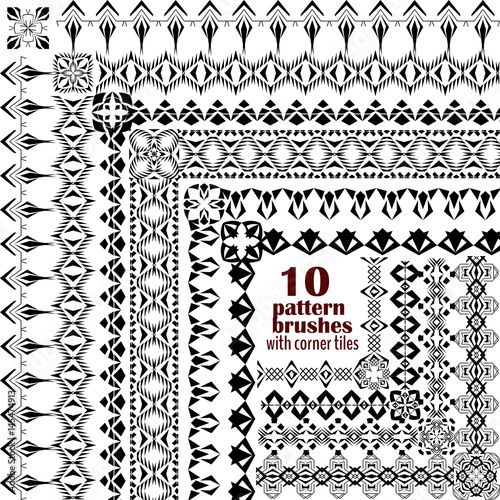 Vector set of geometric borders in ethnic boho style. Collection of pattern brushes with corner tiles inside