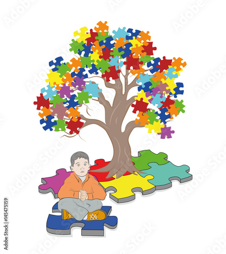 child sitting under a tree. Puzzle Pieces in Autism Awareness Colors Background, 3D rendering
